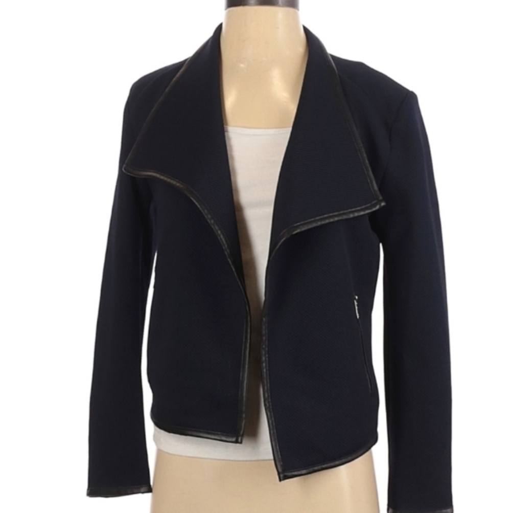 Calvin‎ Klein Blue Open Front Basket Weave Moto Jacket